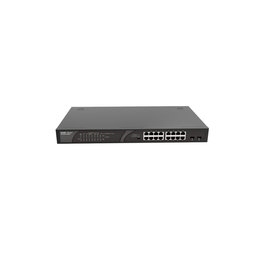 16 x 1000M copper ports and 2 x 1000M uplink SFP combo ports: 16 ports for PoE/PoE+, with the maximum PoE power up to 247 W; unmanaged switch;
