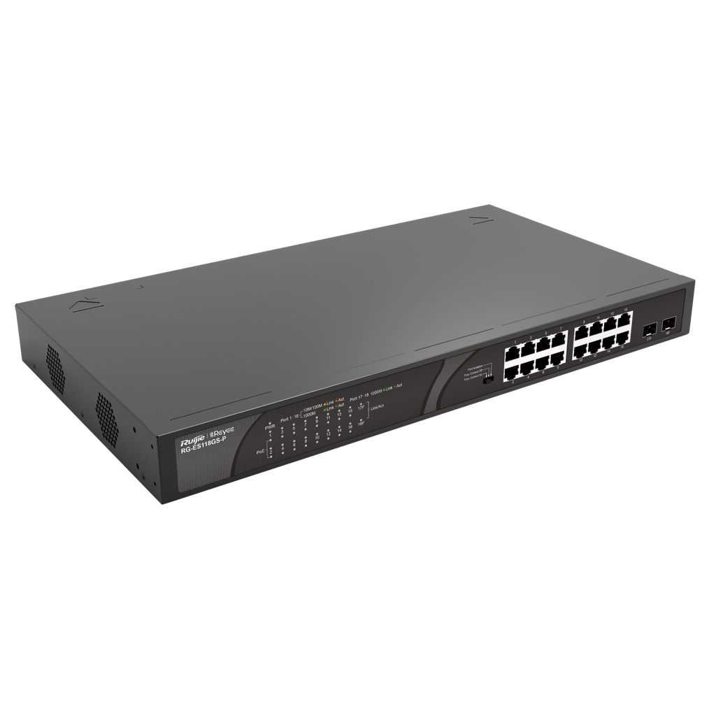 16 x 1000M copper ports and 2 x 1000M uplink SFP combo ports: 16 ports for PoE/PoE+, with the maximum PoE power up to 247 W; unmanaged switch;
