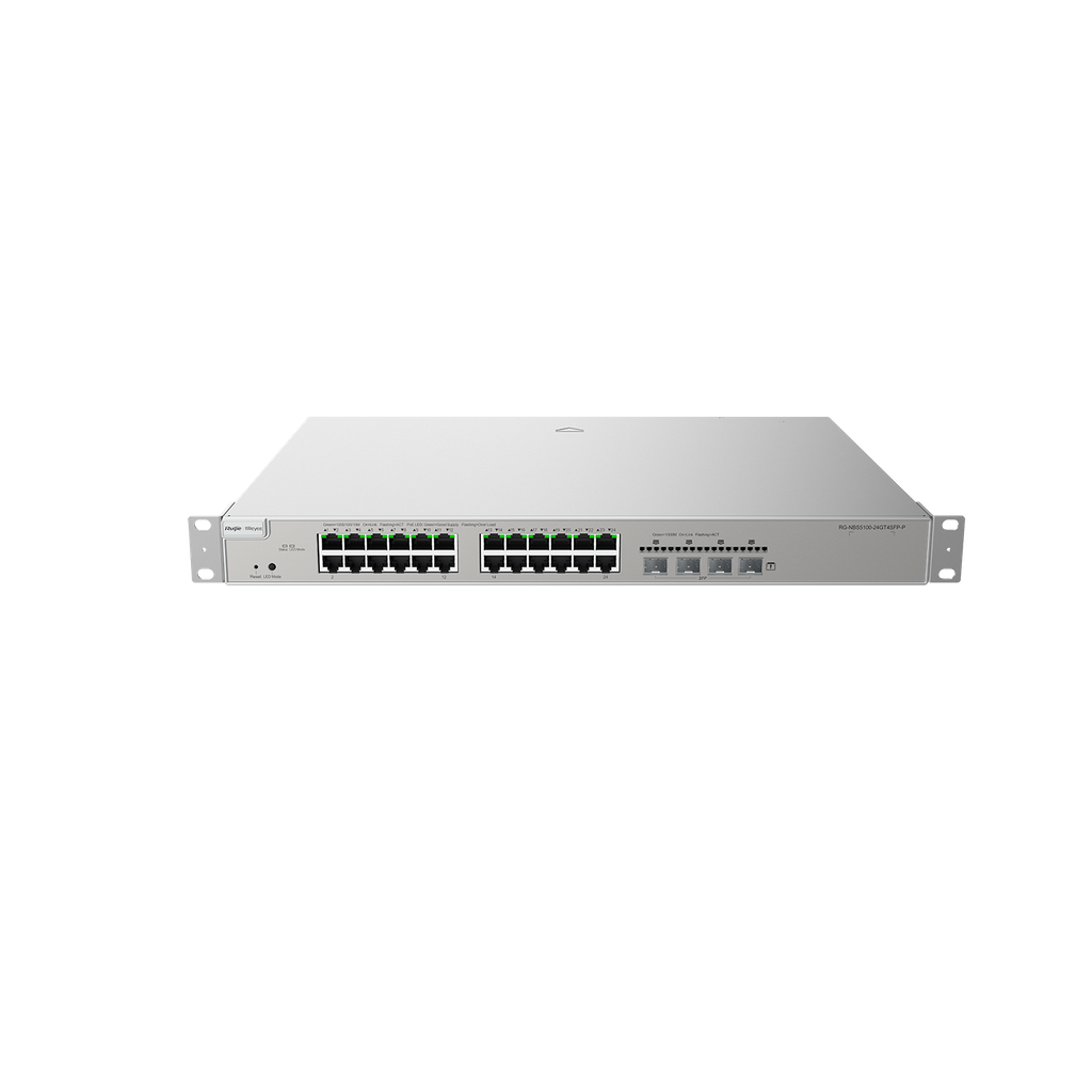 24 × 10/100/1000Base-T copper ports with auto-negotiation, 4 × 1GE SFP ports, fixed single AC power supply, PoE/PoE+ power supply, 370 W PoE power supply