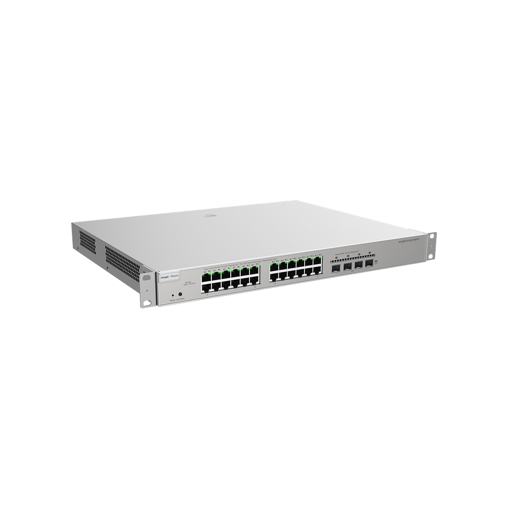 24 × 10/100/1000Base-T copper ports with auto-negotiation, 4 × 1GE SFP ports, fixed single AC power supply, PoE/PoE+ power supply, 370 W PoE power supply