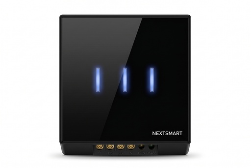 [NEXSW-TB-3G-Z] مفتاح حائط ذكي Zigbee ثلاثي (3Gang)مزوّد ب ريليه 16 أمبير مع توصيلNوL، بتصميم أنيق من زجاج أسود وإطار PC أسود للتحكم بالإضاءة والأجهزة الذكية.