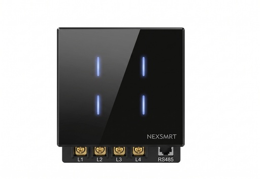 [NEXSW-TB-4G-Z] مفتاح حائط ذكي Zigbee رباعي (4Gang) مزوّد ب ريليه 16 أمبير مع توصيل NوL، بتصميم أنيق من زجاج أسود وإطار PC أسود للتحكم بالإضاءة والأجهزة الذكية