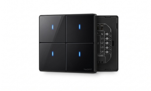 [NEXSW-TB-4SC-Z] مفتاح حائط ذكي Zigbee للتعتيم بتصميم زجاج مسطّح، يعمل بتوصيل NوL، وبواجهة زجاج أسود وإطار PC أسود، يوفّر تحكمًا أنيقًا ودقيقًا بدرجة إضاءة المصابيح الذكية