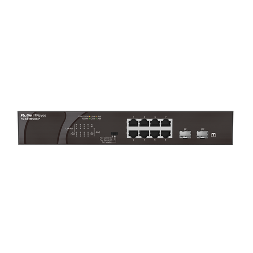 [RG-ES110GDS-P] 8 x 1000M copper ports and 2 x 1000M uplink SFP ports: 8 ports for PoE/PoE+, with the maximum PoE power up to 120 W; unmanaged switch;