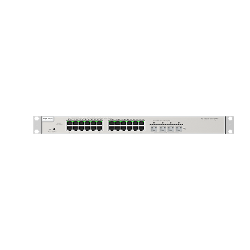 [RG-NBS5100-24GT4SFP-P] 24 × 10/100/1000Base-T copper ports with auto-negotiation, 4 × 1GE SFP ports, fixed single AC power supply, PoE/PoE+ power supply, 370 W PoE power supply
